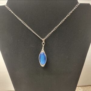 Silver and Blue Stone Herringbone Necklace